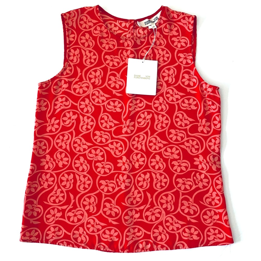 NWT Diane von Furstenberg DVF Mary Sleeveless Top Blouse S 4 2 Floral Swirl Red